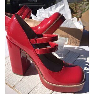 STEVE MADDEN Twice Patent Red Chunky Block Heel Platform Mary Jane Pumps 8 1/2